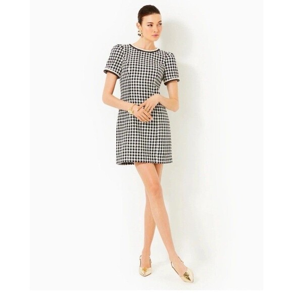 Lilly Pulitzer Shift Dress Size 4 Doriane Boucle Noir Houndstooth Sequin Boucle - Picture 2 of 12